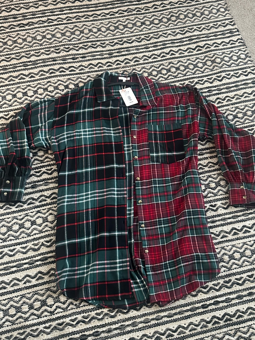 Two-Tone Red and Green Plaid Button-Down Dress